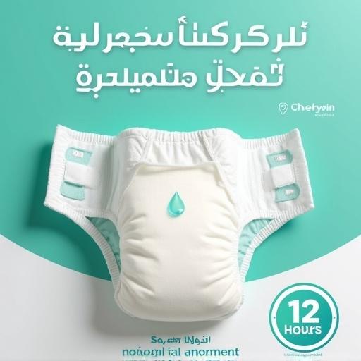 Digital advertisement for baby diapers. Fresh turquoise and white colors. Bold Arabic headline. Centered ultra-absorbent diaper. Visual metaphor for dryness. Clock icon showing 12 hours. Clean and modern layout with gentle shadows. Space for brand logo. Soft and trustworthy tone.