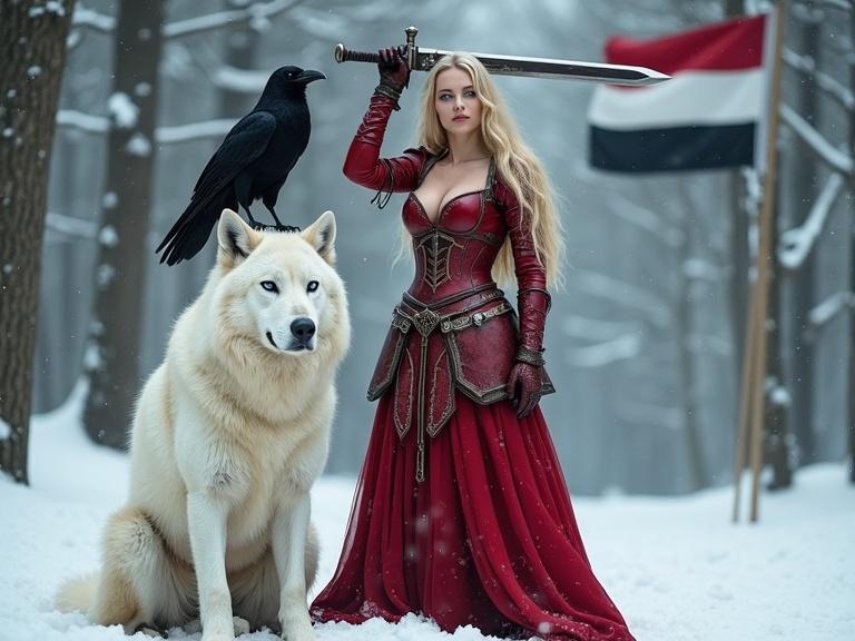 Beautiful woman stands in snowy forest. Unique red armor paired with elegant dress. Mighty sword held over head. Large white wolf sits beside her. Black raven perched on wolf's head. Gently falling snow with gray sky in background. Flag with black, white, and red stripes flies behind.