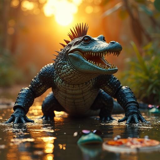 Hyper-realistic crocodile with mechanical arms mohawk crouches in swamp at sunset. Frogs wearing sunglasses watch crocodile. Broken boom boxes float in water alongside floating pizza slice. Detailed wet scales reflect the light. Jungle swamp atmosphere conveys a unique surrealism.