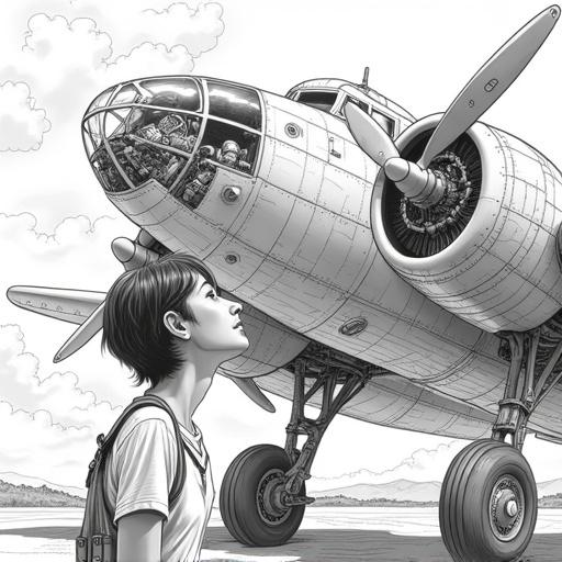 A detailed black and white line art illustration of a young woman with short dark hair gazing up at a vintage propeller airplane. The aircraft features exposed engine components and riveted metal panels. The woman wears a short-sleeved shirt and leather harness. The background has fluffy cumulus clouds and a distant countryside. The style mixes technical illustrations with character art, focusing on fine lines and cross-hatching.