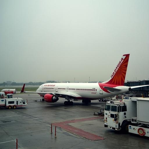 Air India aircraft on the tarmac at Ahmedabad Airport. Background shows airport vehicles and overcast weather.