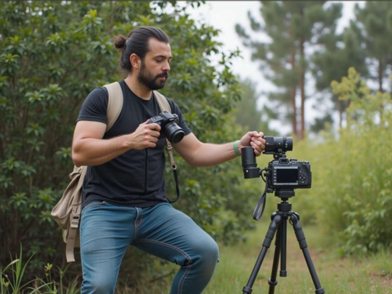 A person is seen adjusting a camera mounted on a tripod in a serene natural environment. The individual is focused on the task, showcasing their photography expertise. Dressed casually, the person appears equipped for an outdoor shoot, holding a lens in one hand while fine-tuning the camera with the other. Surrounding them are lush green plants and trees, adding to the tranquil atmosphere. This scene captures the essence of nature photography and the joy of outdoor adventures.