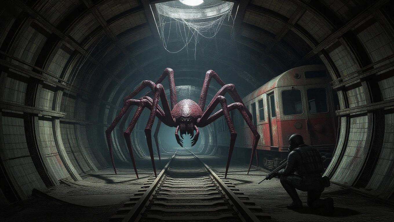 A hyperrealistic urban horror scene set in an abandoned underground subway tunnel. The scene is dark and filled with cobwebs and decay. An enormous grotesque spider creature with multiple limbs stands on the train tracks illuminated by cold light. The creature's body has dark chitin covered in moisture and blood. A figure in tactical gear and a gas mask crouches in shadows with a weapon. A derailed rotten train car is behind the spider. The atmosphere is tense and claustrophobic, filled with dread. The lighting creates high contrast between the darkness and the spotlight.