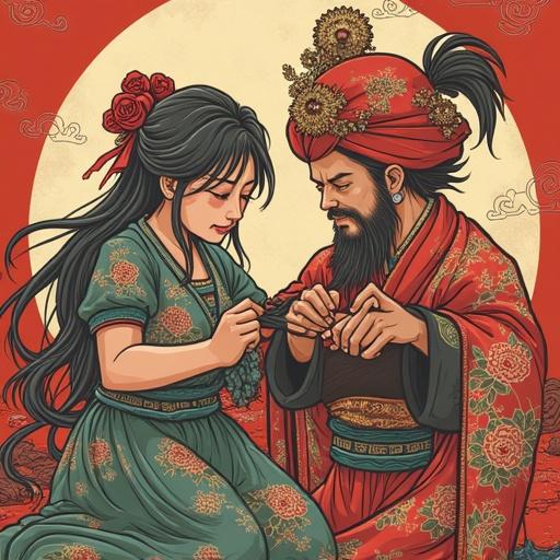 Young woman with retro hairstyle and traditional attire interacts with a man in a historical setting. Depicts 1990s China, Reform period. Scene balances urban and rural life. Capturing natural, unembellished moments.