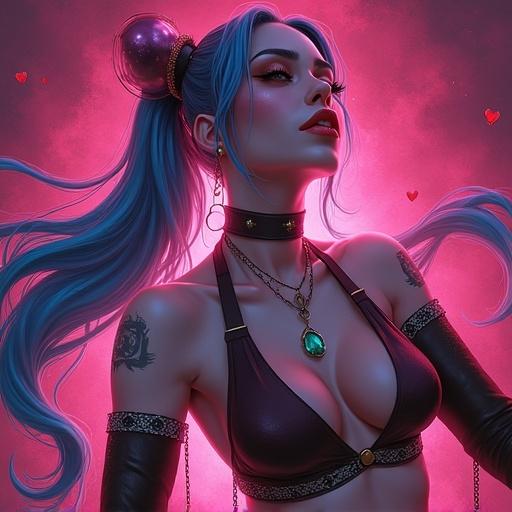 Female character with blue hair and a revealing outfit. Decorative elements include hearts and a pink background. Style is vibrant, emphasizing fantasy and gaming culture.