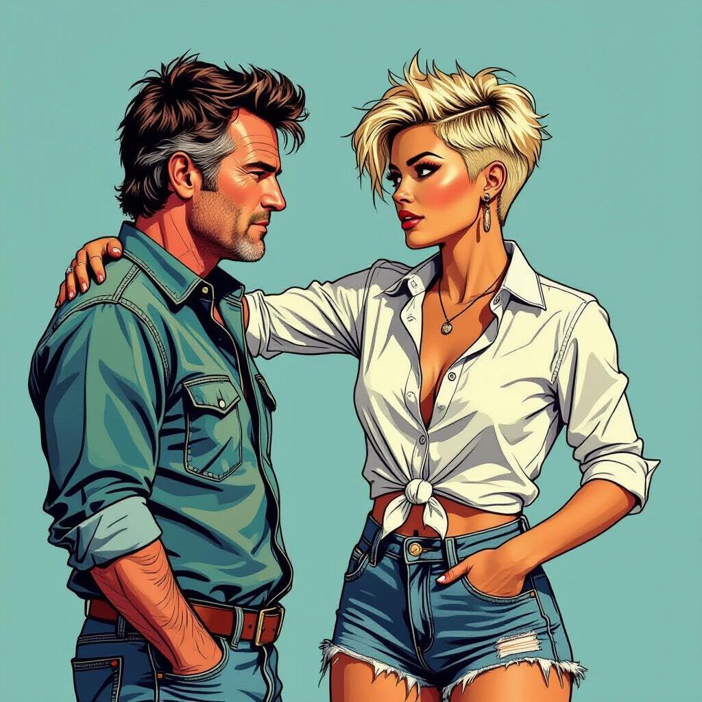 Comic-strip style image with a confident woman and a man standing together. Woman has a tousled crew cut hairstyle, wearing a knotted white shirt and ripped denim shorts. Man is in a casual denim shirt. Both have a strong presence. Background features an off-road motorcycle.