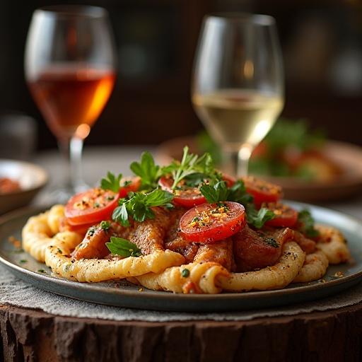 A lavish dish of gourmet food on a beautifully set table. The dish features expertly cooked meat, garnished with fresh herbs and tomato slices. Elegant wines accompany the meal, creating a luxurious dining experience.
