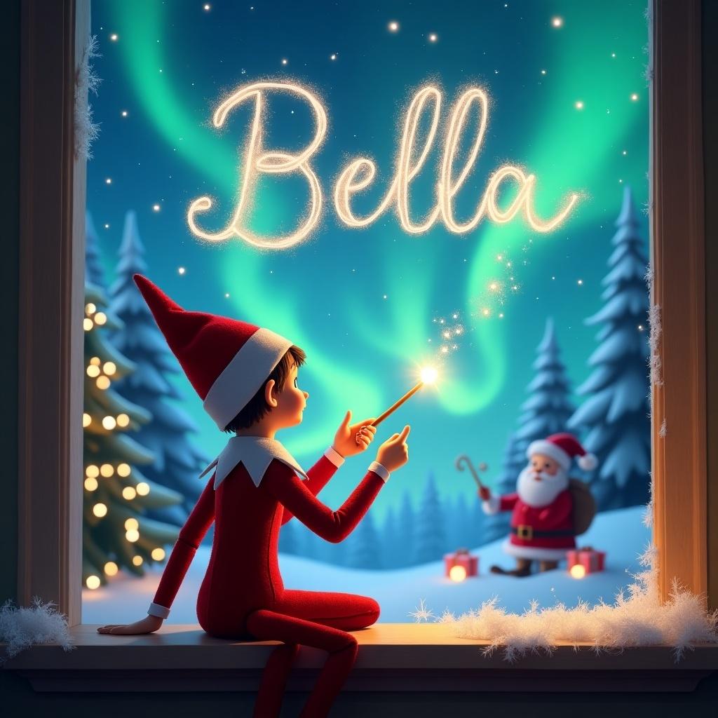 Elf with a magic wand writes Bella in the night sky. Background features Christmas elements like Santa Claus and northern lights. Cozy and festive atmosphere.