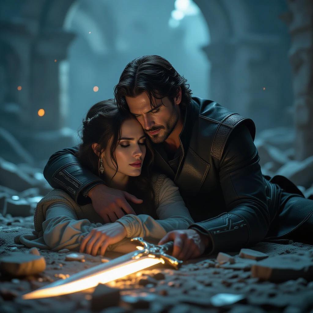 Gabriel lies in Lena’s arms inside the sanctum ruins. The glowing crossblade rests on the floor. Ash floats gently in the sacred light. The surrounding broken relics enhance the emotional atmosphere. The scene embodies the stillness after a battle.