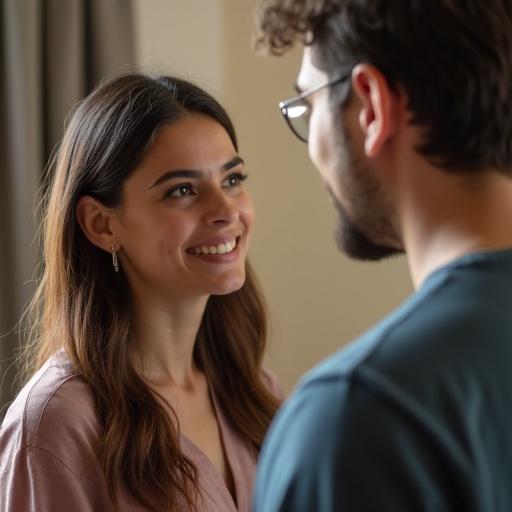 A young woman with long hair has a warm expression while talking to her husband. They are in a cozy setting with soft lighting.