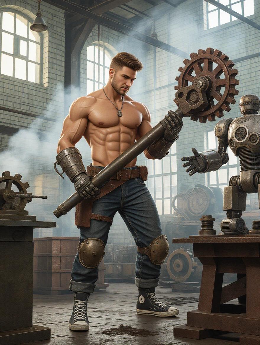 Hyperrealistic oil on canvas design. Young handsome steampunk man with muscular chest. Shirtless. Wearing Converse shoes. Holding giant mechanical tool. Building a robot in a gear factory. Steam and smoke fill the air.
