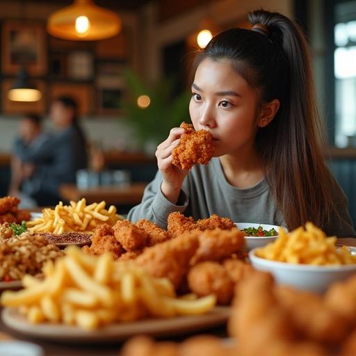 YouTube thumbnail style, a table filled with comfort foods including crispy fried chicken, golden fries, spicy wings, and savory sides. Foreground features a woman in her twenties with a back-bun hairstyle, looking at the food with anticipation, ideal for a mukbang vibe. Bright warm lighting enhances the textures and colors.