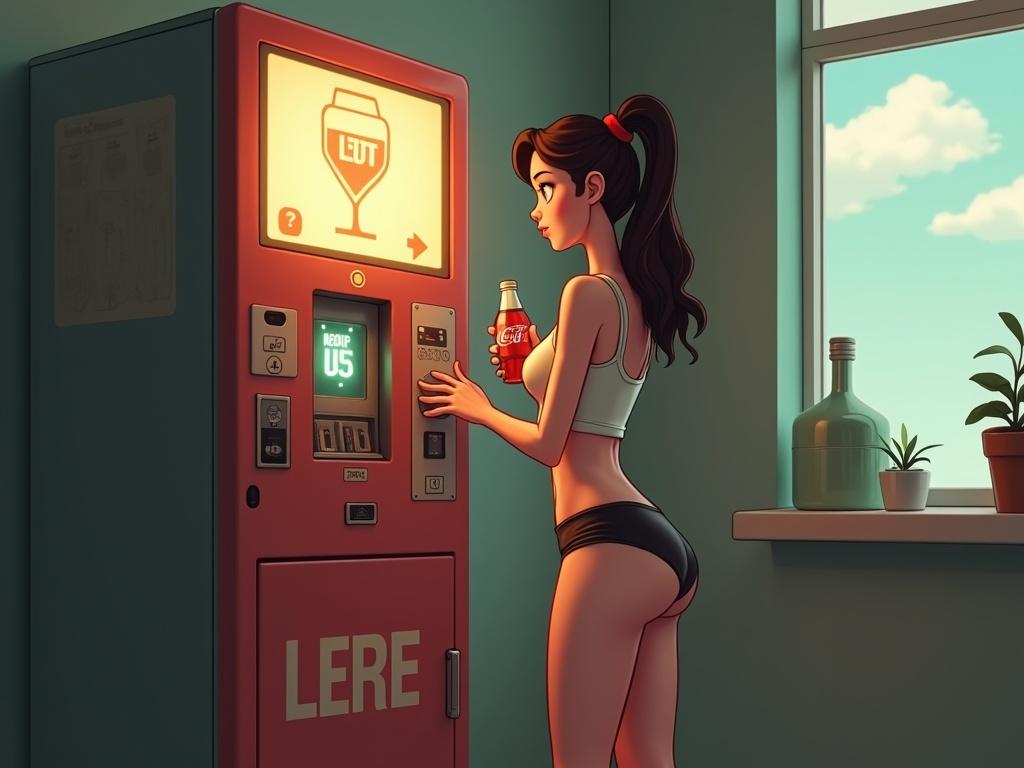 Teen girl interacting with a vending machine. Wearing booty shorts. Holding a soda. Set in a bright room with plants and natural light.