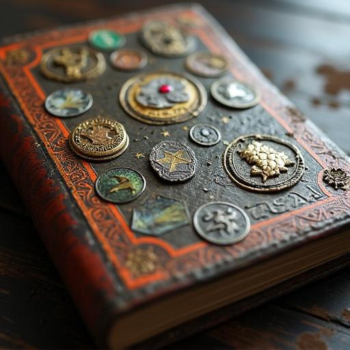 A weathered digital passport filled with gaming achievement stamps and badges. Stamps from different gaming universes are featured. Verified achievements have a subtle glow. Modern gaming aesthetic is highlighted with realistic details in a close-up view.