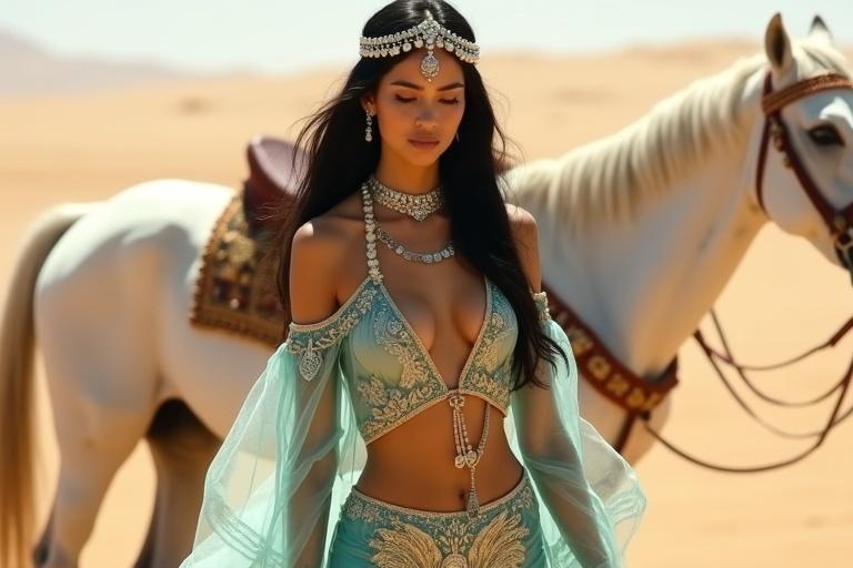 A tall woman in a turquoise Arabian princess-style outfit walks beside a white horse in golden dunes. The outfit has ornate gold embroidery and a deep V-neckline. She has shiny black hair and a bold jeweled headpiece. The scene is peaceful.