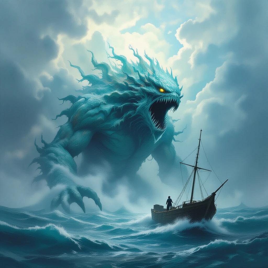 Monstrous sea creature made of waves and coral looms over a sinking ship. Creature lifts stranded sailor onto its back. Storm clouds part above. Abstract impressionist style with layered textures in water palette.