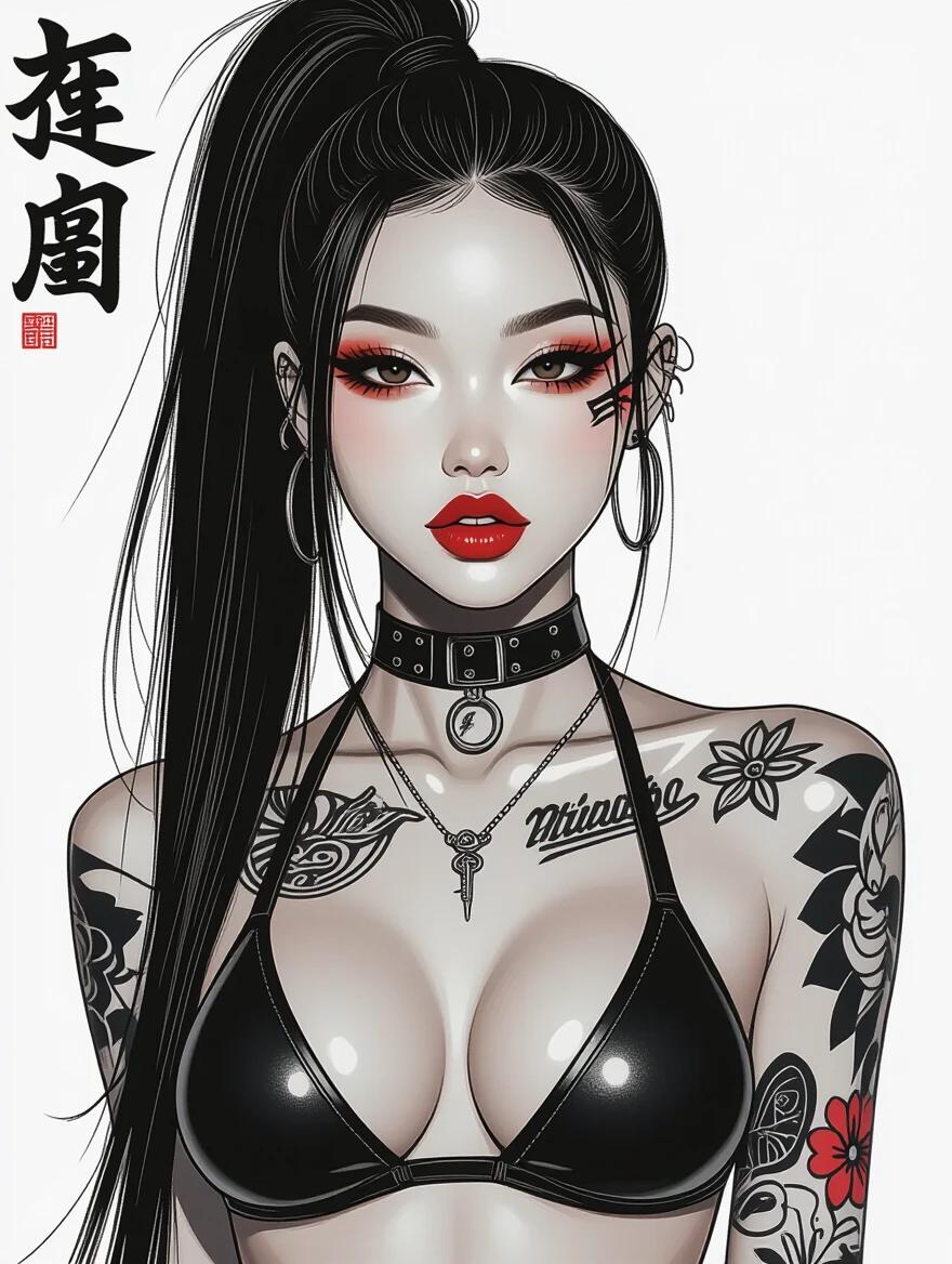 Asian cyberpunk model wearing an edgy bikini. Model has a high ponytail. Model features bold makeup and numerous tattoos. The style is reminiscent of black and white comics.