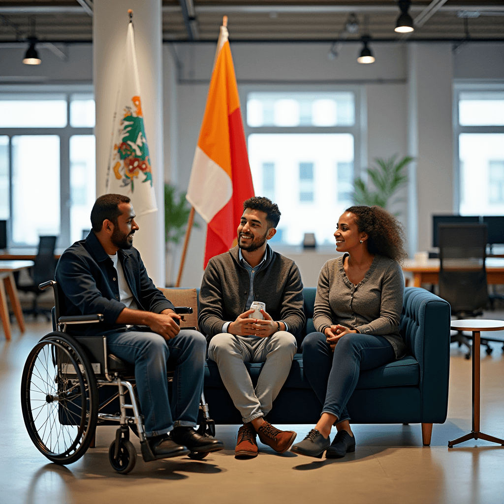 The image depicts three individuals seated in a modern and well-lit office space, engaging in a lively conversation. The person on the left is in a wheelchair, wearing a dark jacket over a light shirt. The individual in the middle, wearing a gray cardigan and light pants, holds a beverage can and is cheerfully engaged with the others. On the right, a person with curly hair, dressed in a gray sweater and blue jeans, smiles while listening to the conversation. Behind them, there are two flag poles with flags featuring distinct colors and symbols. The background shows large windows, office furniture, and potted plants, contributing to a welcoming and inclusive atmosphere.