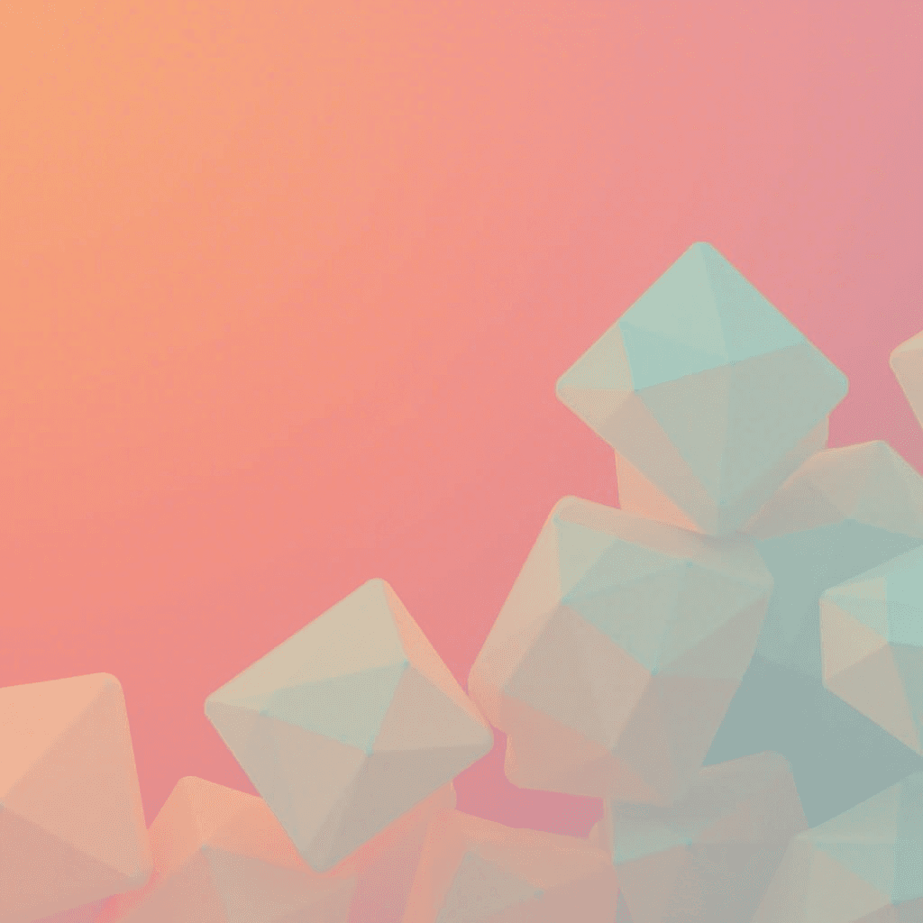 Abstract geometric shapes, resembling crystals, floating against a soft peach gradient background.