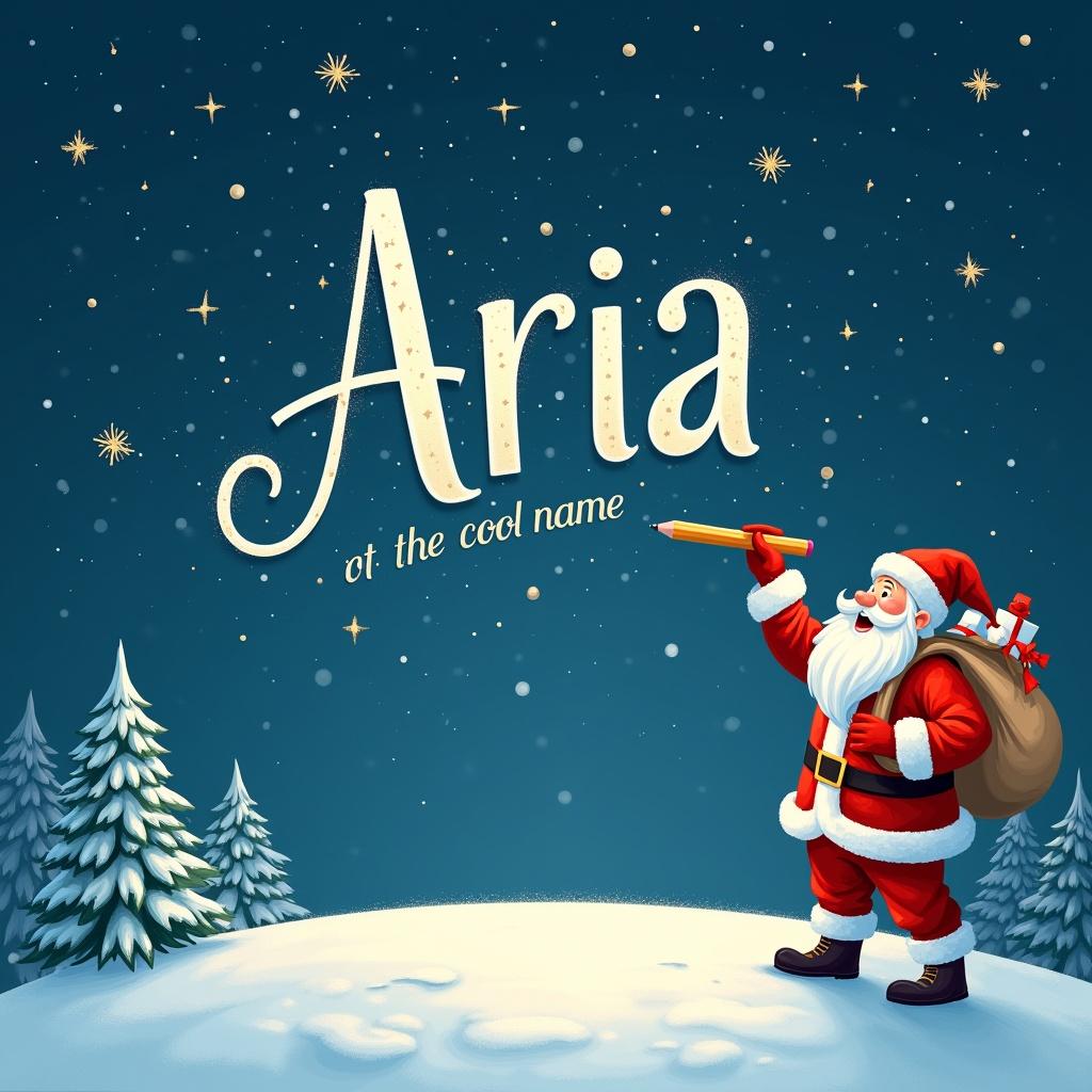 Santa Claus stands on a snowy hill under a starry night sky. He holds a pencil, looking up while writing names. Santa wears a traditional red suit with a large gift sack. The night sky twinkles with stars. The word 'Aria' is displayed in a whimsical font.