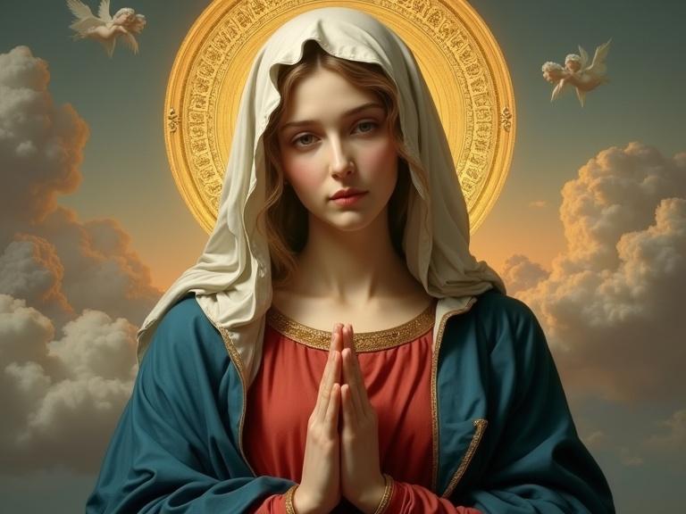 Sacred classical Catholic painting of the Virgin Mary. Dressed in flowing traditional robes. Deep blue mantle over a red tunic. Pure white veil covering hair. Radiant golden halo with delicate engravings. Soft heavenly light casting gentle shadows. Serene face with delicate features. Melancholic gaze. Hands gently pressed together in prayer. Baroque-style drapery with intricate folds. Luminous and vibrant colors. Highly detailed fabric textures. Background of fluffy clouds with faint angelic cherubs. Reminiscent of Raphael or Caravaggio's religious works. Ultra-HD modern rendering. Cinematic lighting. Photorealistic details. 8K resolution.