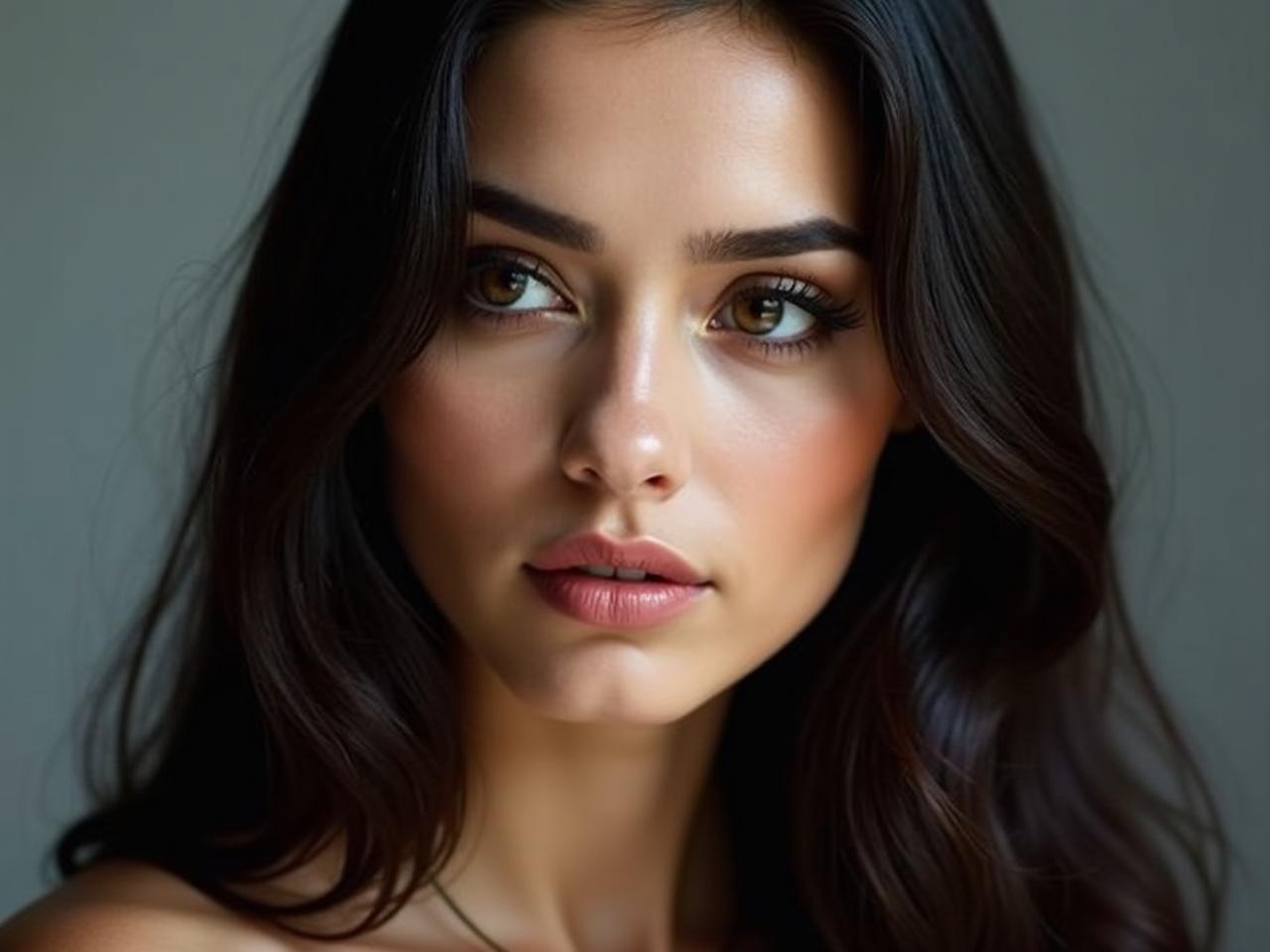 Portrait of a young beautiful woman with long, dark hair and dark eyes. She is looking slightly to the left of the camera with a neutral expression. Her makeup is full, accentuating her features and giving her glossy lips a polished look. The focus is on her face, showcasing high quality, professional photography. The style is realistic, emphasizing her silky skin texture.