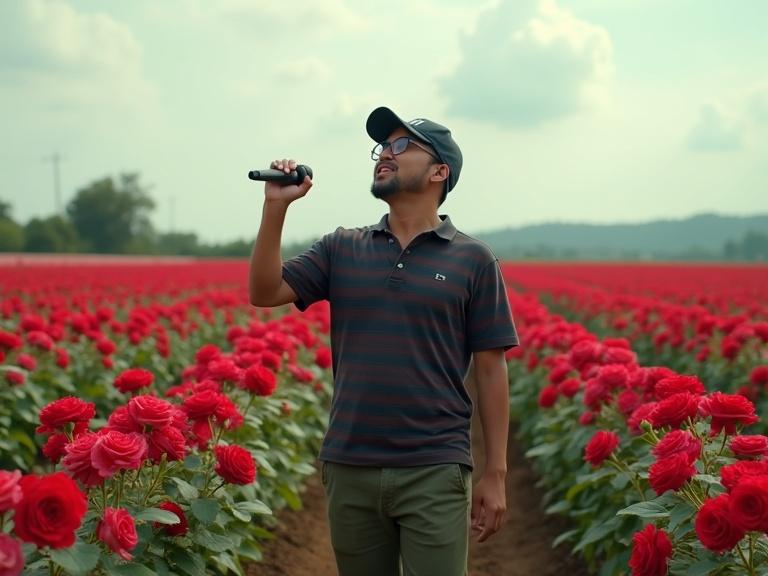 Realistic scene of a man in a rose field. He sings and holds a wireless mic. Wearing a dark striped shirt and olive jeans. Roses are lush and red, extending towards the horizon. Background features hills and trees under a partly cloudy sky. Emphasizes textures of roses, soil, and clothing. Warm climate is captured in a late morning light.