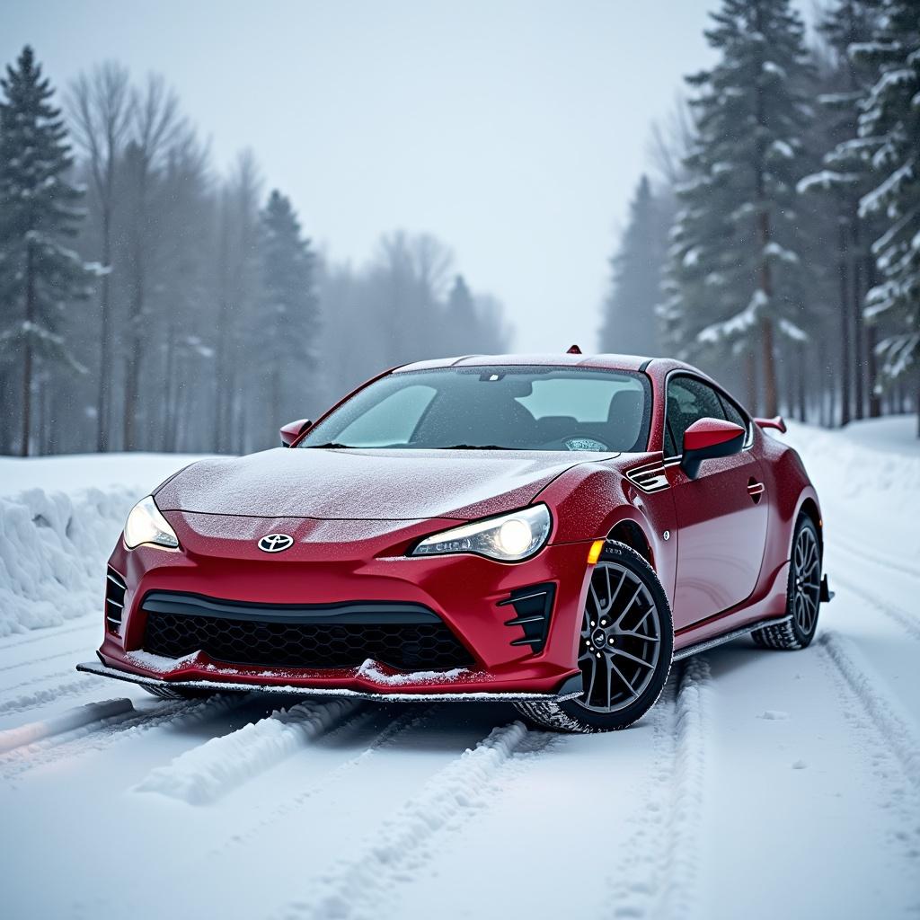 A striking image of a red Toyota BRZ parked on a snow-covered road surrounded by tall evergreen trees. The car's sleek curves and aggressive design contrast beautifully with the white snow. Soft, cloudy light sets a cool tone, emphasizing the wintry atmosphere. The vehicle is positioned diagonally, showcasing its wheels and sporty front grille. This scene captures the essence of winter driving, inviting viewers to imagine the thrill of driving this car in snowy conditions. Ideal for showcasing the performance and style of the BRZ in a beautiful winter setting.