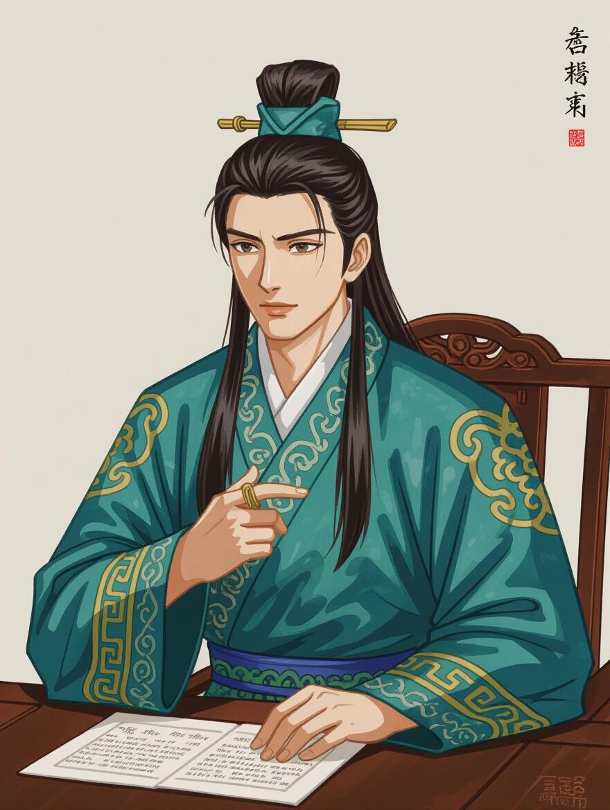 A character dressed in traditional Chinese attire sitting at a table. The character has long hair, an expression of determination, and a hand gesture indicating conversation. The style is reminiscent of Chinese fantasy comics with elegant details and soft colors.
