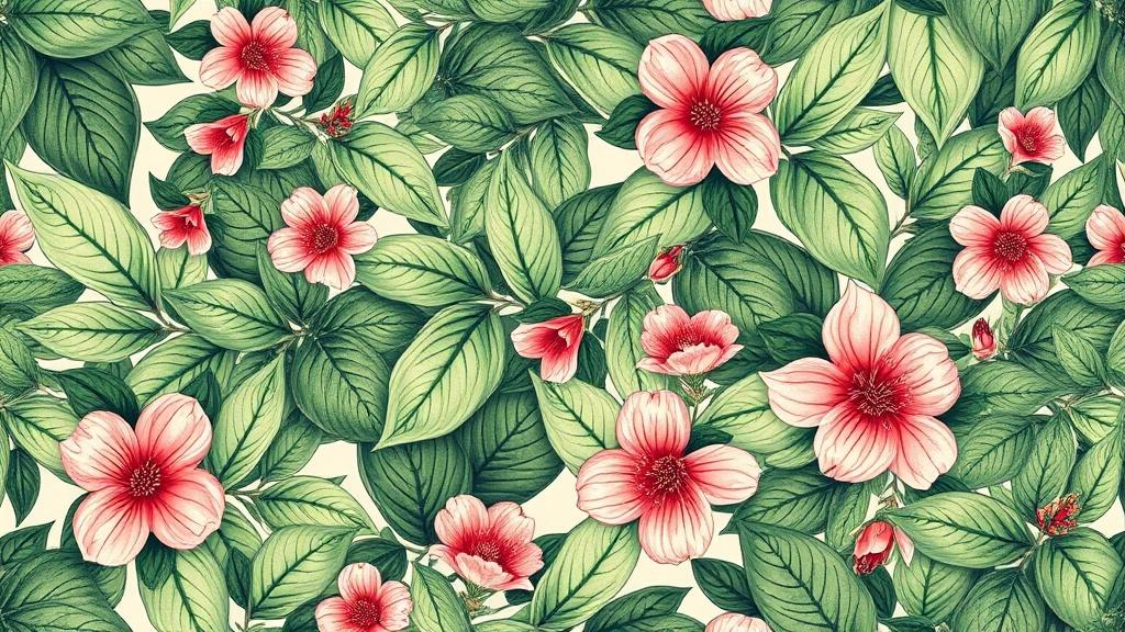 A vibrant illustration featuring a seamless pattern of pink hibiscus flowers intertwined with lush green leaves. The flowers are depicted with intricate shading, highlighting their delicate petals against a backdrop of verdant foliage. The arrangement creates a feeling of abundance and natural harmony.