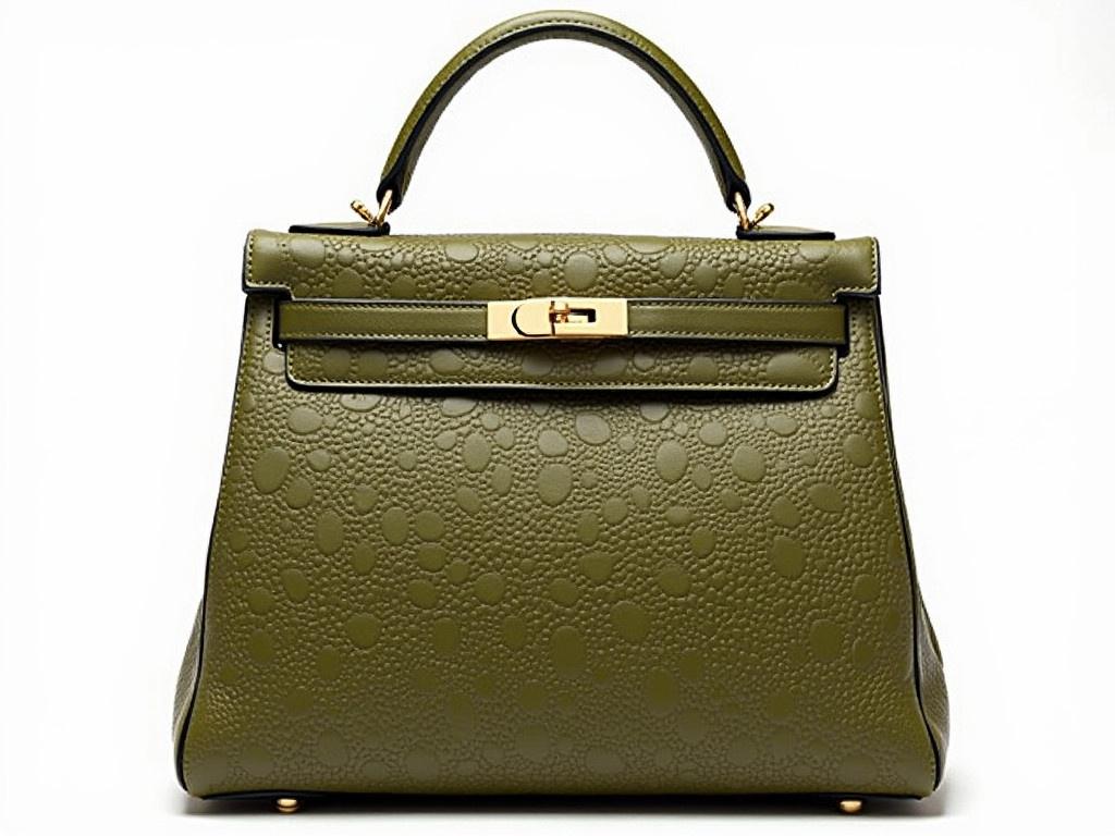 This image features a stylish handbag with a textured lace-like design. The bag is predominantly in an olive green shade, giving it a unique and elegant look. The front of the bag is adorned with a rectangular gold clasp that adds a touch of sophistication. It has a neat and structured shape, suitable for both casual and formal occasions. The intricate pattern on the surface suggests that it may be made from high-quality materials, enhancing its aesthetic appeal. Overall, this handbag combines practicality with a fashionable design.