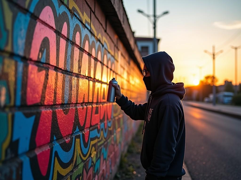 The image captures a silhouette of a person spray painting on a colorful graffiti wall during sunset. The vibrant colors of the wall contrast beautifully with the warm golden light of the setting sun. The individual is wearing a hood and a mask, adding an element of mystery and anonymity. The surrounding environment has an urban feel, with empty streets and streetlights in the background. This scene symbolizes creative expression and the culture of street art.