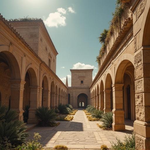 A point of view scene in Egypt showcasing a colonnaded courtyard. Sunlight shines on the path lined with greenery