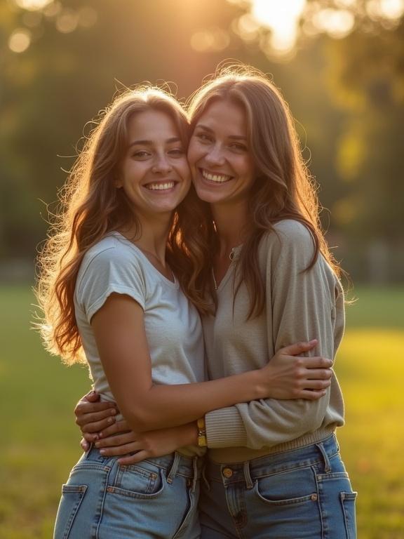 Two women happily hugging in a park. A smiling boyfriend stands nearby. It's golden hour, creating a warm atmosphere. The women wear casual clothes and look joyful.
