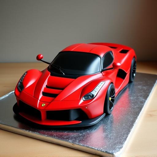A detailed cake design resembling a Ferrari sports car. The cake is predominantly red with black accents. It sits on a silver board. The design highlights intricate features resembling a typical Ferrari model.