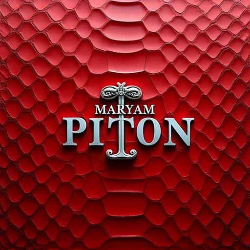 Bright red python skin texture as a background with high detail. Luxurious and exotic leather appearance. Soft lighting provides an elegant feel. In center, logo 'MARYAM PITON' in serif steel-silver font. Letter 'I' in 'PITON' stylized as a coiled snake.