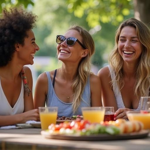 Three friends laughing at a summer barbecue next to a picnic table