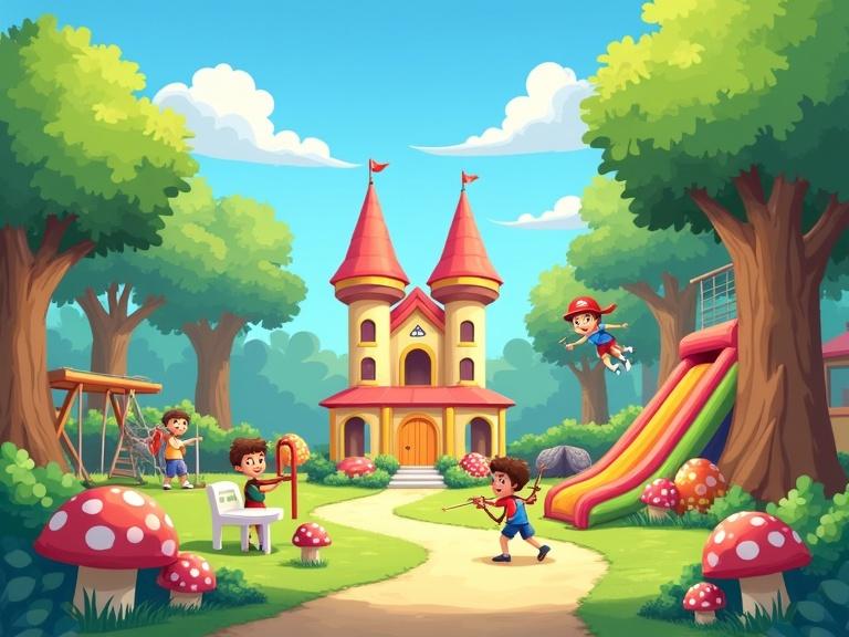 Cheerful illustration of an outdoor park filled with children engaging in activities. Features a large inflatable palace in the background and vibrant green trees. Blue sky with fluffy white clouds. Playground includes an inflatable slide, kids playing paintball near old tires, and archery. Two children are playing in a sandbox. A treehouse with a ladder leading to a zipline. A girl rides the zipline, while colorful mushrooms are scattered throughout the scene. A white table and chairs are placed nearby.