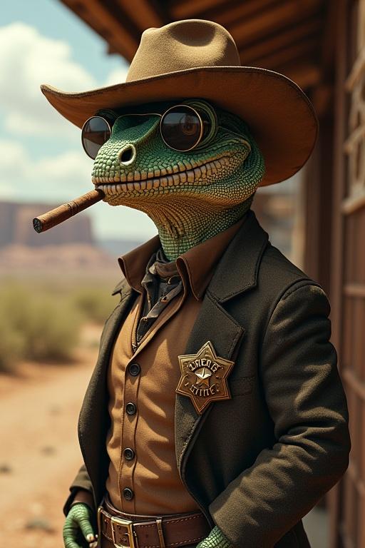 A photorealistic anthropomorphic lizard dressed as a corrupt sheriff in the American Wild West. The lizard wears a dusty brown hat and sunglasses. It is smoking a cigar and has a crooked badge. The lizard has a sly expression. It stands beside a rundown sheriff's office with a background of desert. The lighting is gritty and moody.