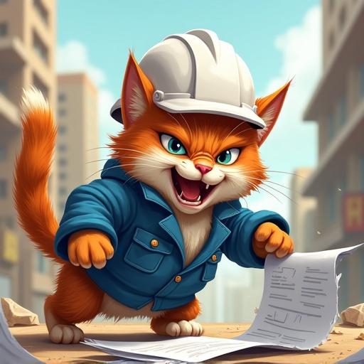 A cartoon cat wearing a white hard hat and blue work jacket shows an angry expression while tearing up documents. The setting is a construction site with a focus on cartoon-style anger and frustration.