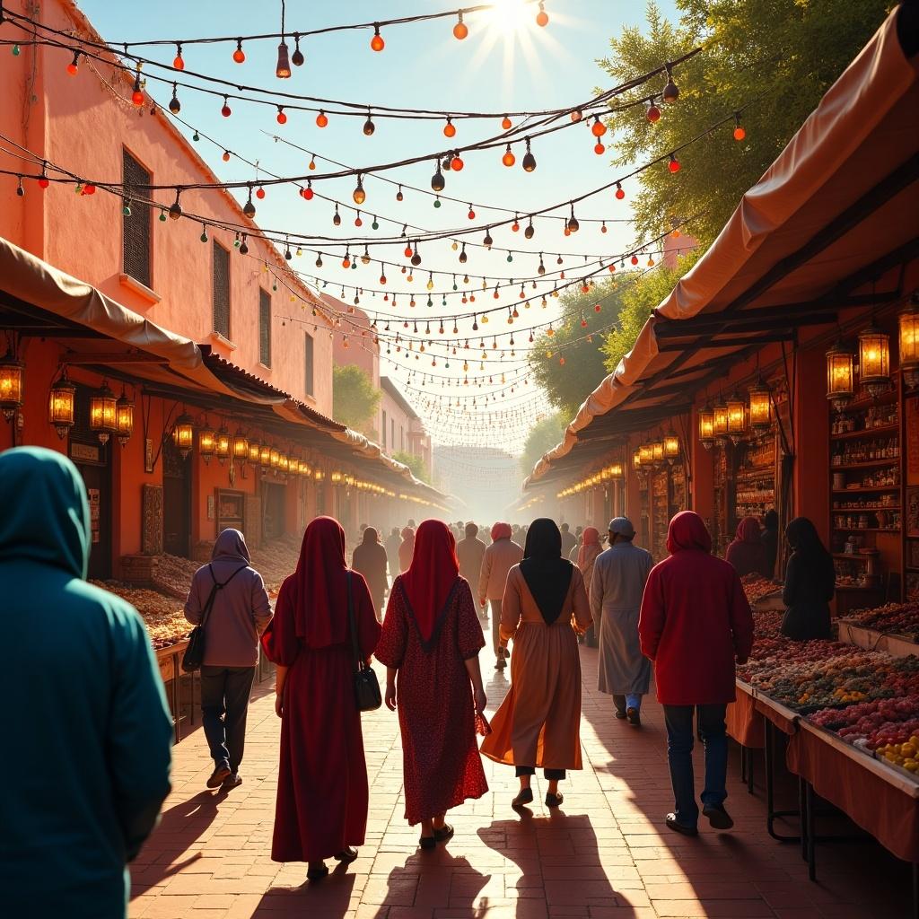 Festival atmosphere in a bustling Marrakech market. People walking under colorful lights. Traditional Moroccan architecture. Warm sunlight creating a vibrant scene.