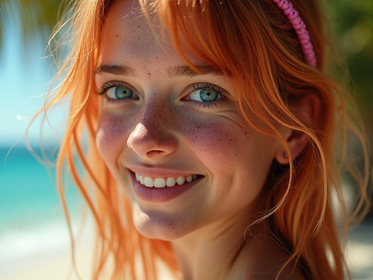 Close-up portrait of a young woman with blue eyes and freckles. She has messy highlighted blonde and red hair and wears a pink beaded headband. Looking directly at the camera with a slight smile and sun-kissed skin. Wet strands of hair on her face. Background is blurred with tropical elements. The lighting is warm and colors are vibrant. Detailed skin texture. High resolution.