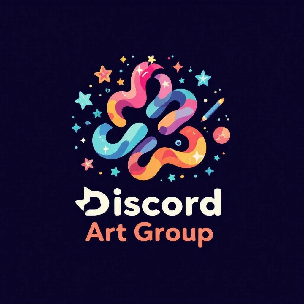Logo design for a Discord art group. Focus on creativity and fun. Incorporate colorful swirling shapes and playful elements. Emphasize connection and artistic escape.