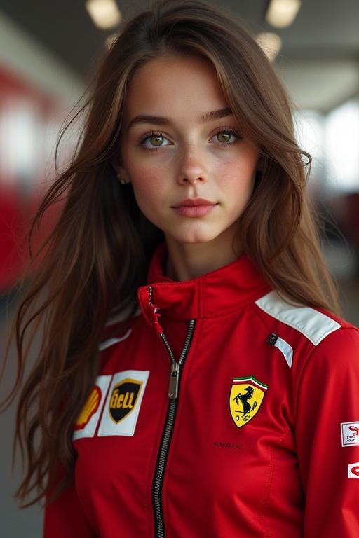 Generate portrait of girl wearing Ferrari formula 1 uniform. Girl has long brown hair and brown eyes. She appears thin with a neutral expression. The background is minimalistic.