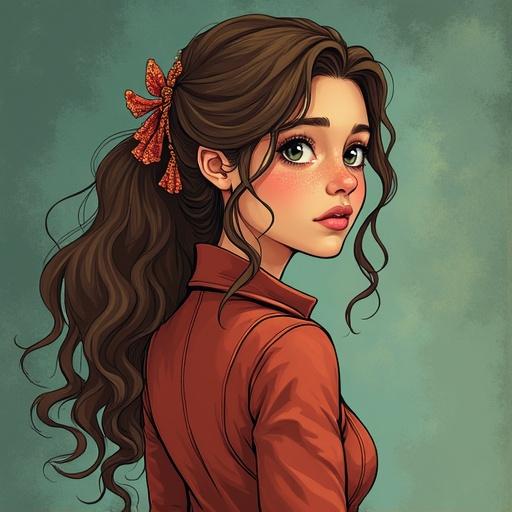 Illustration of a fantasy comic character named Eleonora. Description includes thick glasses and tattered clothes. Character shows curiosity and determination. She has impulsive and idealistic traits. Portrayed with investigative intuition and courage. Displaying clumsiness and excess questioning. Background hints at a mishap with a rare manuscript.