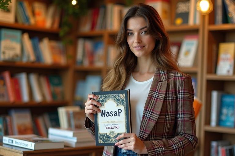 A vibrant real estate agency in Spain showcasing a variety of books. Attractive decorations create an inviting atmosphere. A young woman in stylish attire is holding a book with the logo 'Wasap - 6B7 I6l O33'.