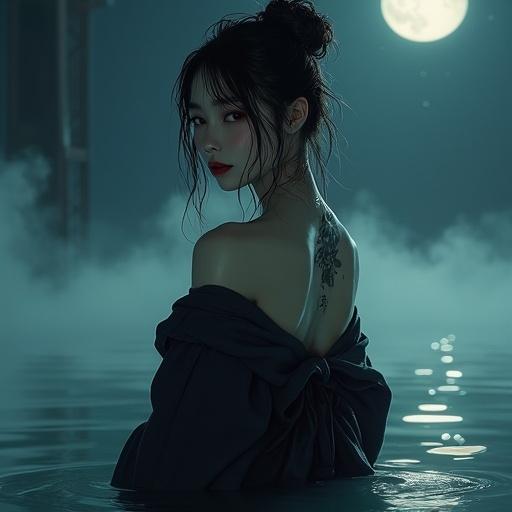 A semi-realistic digital painting of a serene woman in a dark kimono with a yakuza tattoo. She stands in water at night with moonlight and fog. Her hair is styled traditionally, slightly disheveled, and she glances over her shoulder.