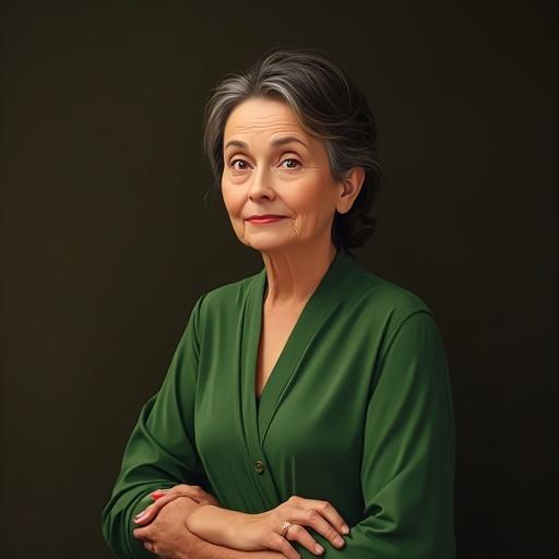 Older woman with dark hair and eyes. Oval face with slightly plump hands placed on knees. Dressed in a green dress, looking away with a slight smile.