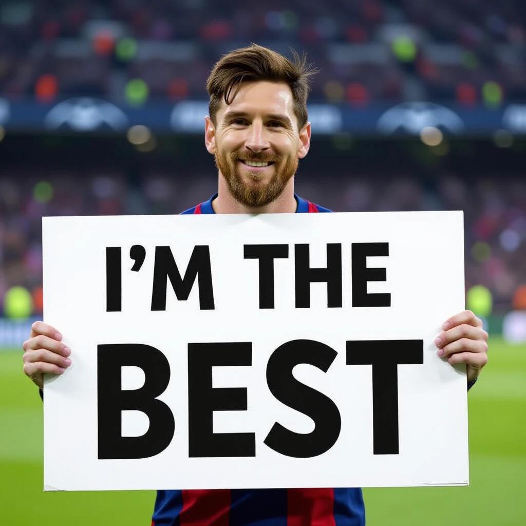 A soccer player holds a large sign stating 'I'm the best' during a match. The player is smiling confidently.
