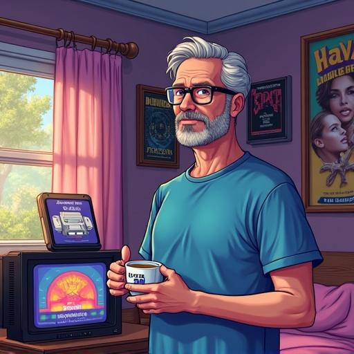 Pixel art style. A man in a retro 2000s T-shirt and futuristic smartglasses in a bedroom. One side has an old CRT TV with a Nintendo 64 and posters. The other side features a VR headset and smart speakers. The character looks nostalgic and amused, holding a 'Level 40' cup. Background includes health books and fitness gear. Bright colors and humorous details.